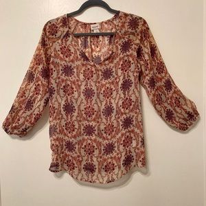 Mossimo Semi Sheer Blouse, 3/4 Sleeve Flowy Top, Cream Red